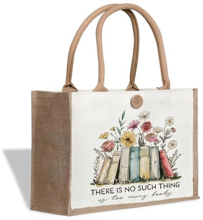 Onperpoe Jutetasche mit Buchmotiv, Doppelseitig Jutebeutel Bedruckter, Geeignet für den Einsatz im Freien und im Pendelverkehr, Geschenke für Buchliebhaber mit Großer Kapazität