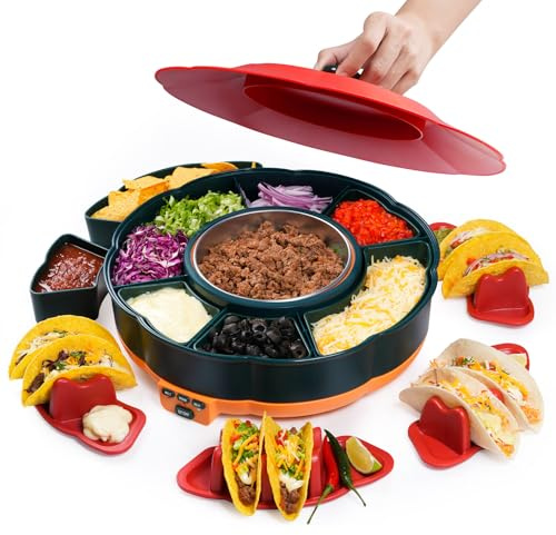 TECKZOON Taco Tuesday Set, Taco Servierset & Schokoladen Fondue mit 1 L Heiz Topf, 3 Temperaturstufen, 4 Haltern & Drehbarer Servierplatte, Perfekt für Familien Taco-Abende und Schokoladenfondue