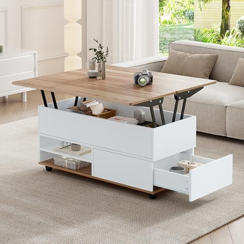 Merax Couchtisch, höhenverstellbarer Wohnzimmertisch, 3-in-1-Multifunktions-Kaffeetisch mit Verstecktem Stauraum & Schubladen & Rollen, Umwandelbar in Esstisch, Sofatisch für Büro, Weiß & Holzfarbe