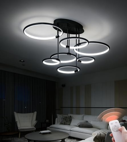 WSXEDC 110cm LED Deckenleuchte 7 ringe Schwarz Deckenlampe mit Nachtlichtfunktion groß Wohnzimmerlampe 145W Dimmbare Deckenbeleuchtung für Schlafzimmer Esszimmer Büro Küche (Schwarz, 7 Ringe)