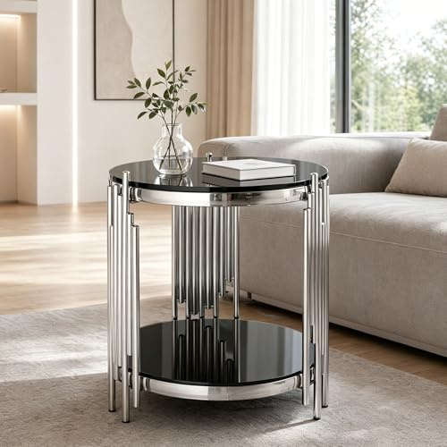 Bladez Rund Glas Beistelltisch 45cm Schwarz, Moderner Couchtisch mit Edelstahlrahmen Silber, Kleiner Sofatisch mit 2 Ebenen, Gehärtetes Glas，für Wohnzimmer，Schlafzimmer Balkon （Silber ）