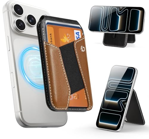 Porte-Cartes Magnétique MagSafe, Elastique Couture, Blocage RFID, Marron | Support Réglable, Portefeuille pour 5 Cartes, en Cuir PU, pour iPhone Series 12/13/14/15/16/17