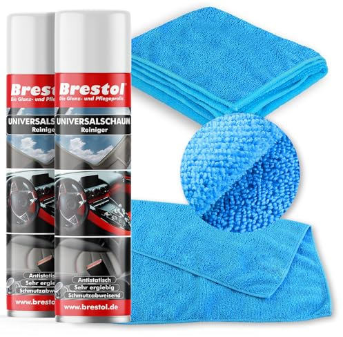 Brestol Set di 2 flaconi da 400 ml + 2 panni universali – detergente universale per vetri per specchi, vinile, pelle, cromo, acrilico, vernice resopale, sedili auto