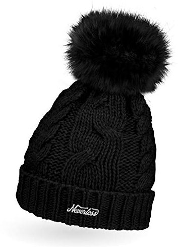 Neverless® gefütterte Damen Strickmütze mit Fell-Bommel und Fleece Futter, Winter-Mütze, Bommelmütze schwarz Unisize