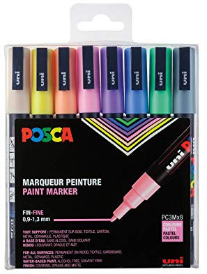 POSCA Mitsubishi Pencil PC3M Marker, konische Spitze, feine Spitze, Marker auf Wasserbasis, für alle Untergründe, für Papier, Textil, Glas, Kieselstein, Holz, Pastellfarben, 8 Stück