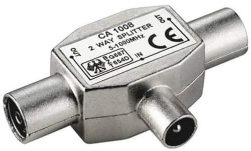 PremiumCord TV Antennensplitter IEC 75 Ohm, 1x Stecker auf 2X Buchse, Koax-Kupplung, Coax Antenne, DVB-T, Farbe Silber
