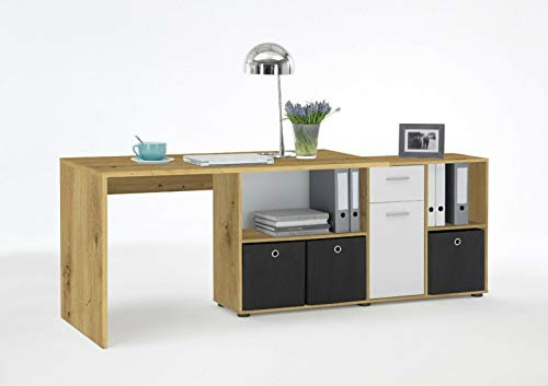 MJC Schreibtisch Lex Artisan Eiche Nb. Weiß 4 Offene Fächer 1 Schubkasten Büro