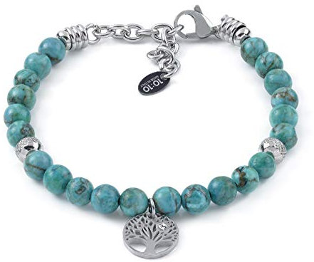 10:10 Bracciale in acciaio inox e pietre naturali da 6 mm, charms albero della vita e beads in acciaio, prodotto realizzato in Italia (Turchese)