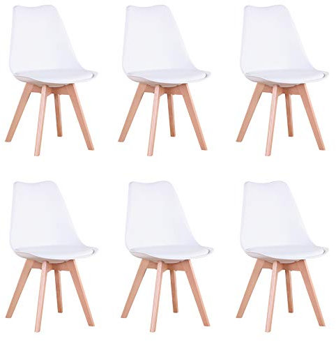 GrandCA HOME 6er-Set Esszimmerstühle, Bürostühle mit Beinen aus massiver Buche, Retro-Design, gepolsterte Stühle, Küchenstühle aus Holz, Weiß