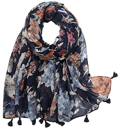 MAIRY Halstuch Damen Tücher Schal mit Buntem Blüten Muster und Langen Fransentuch Stola Mehrfarbig Sonnenschutz Anti Allergie Tuch DE260