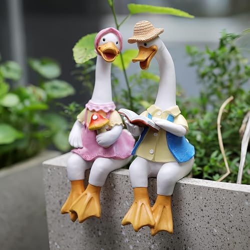JARPSIRY Lot de 2 statues de jardin en forme de canard assis - Décoration extérieure - Décoration de clôture - En résine - Pour la maison, le bureau, la terrasse, la pelouse, la cour