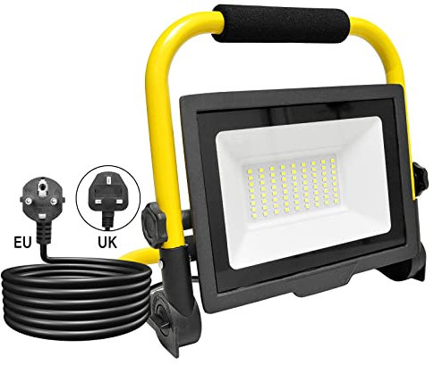 SKYWORLD Tragbar LED Baustrahler 50W 5000LM LED Arbeitsleuchter mit Stecker und 3m Netzkabel, IP66 Wasserdichtes Arbeitsscheinwerfer Bauscheinwerfer für Werkstatt oder Baustelle Garage, 6000K Weiß