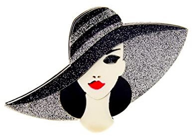 Broche bijou visage femme avec élégant chapeau.