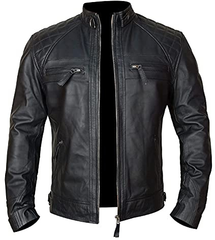 Fashion_First Colección de chaquetas de cuero vintage retro Cafe Racer para hombre, piel de vaca auténtica, diamante negro, M