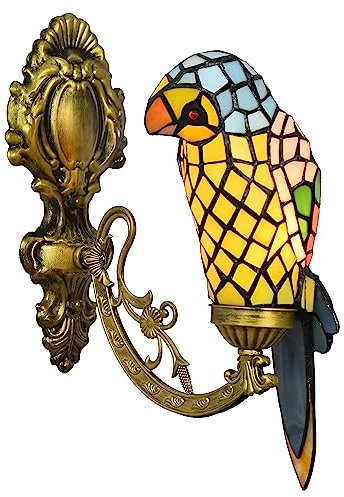 PAZWAHF Vintage-Wandlampe im Tiffany-Stil, gelber Papagei, handgefertigte Wandleuchte aus Buntglas, Retro-Wandlampe mit einer Glühbirne, für Schlafzimmer, Nachttisch