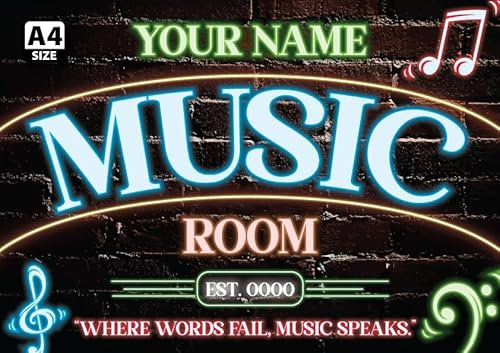 ELITEPRINT Personalised Music Room Neon Effect Sign Classroom Custom Wall Metal Plaque - Wall Art Decorations (A4 (29.7cm x 21cm))