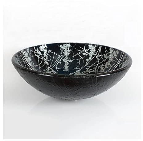 GRFIT Waschbecken Waschtisch Badezimmer Waschbecken Handgemalte Silber gehärtetes Glas Kunst Becken Waschbecken Badezimmer Runde Arbeitsplatte Waschbecken, 16,5 × 16,5 Aufsatzwaschbecken
