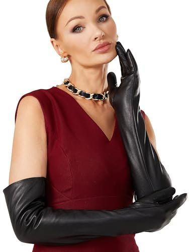 VIKIDEER Warme weiche lange Lederhandschuhe Frauen Plüsch gefüttert Voll Touchscreen Luxus Handschuhe für Abend Oper Arty Kostüm 23,6 '', Schwarz, 60 cm, Medium