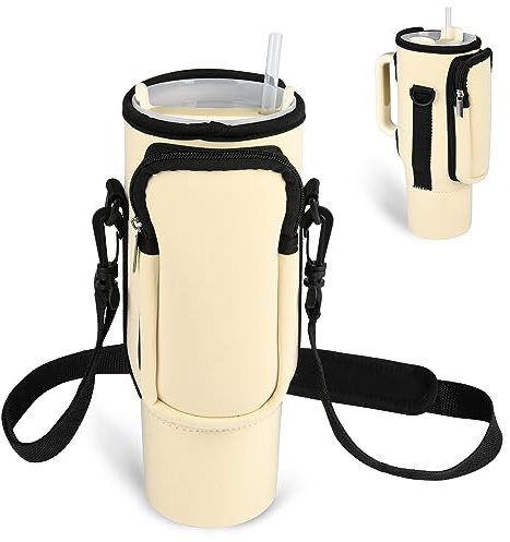 CEELGON Water Bottle Carrier Bag for Stanley 40oz Tumbler with Handle, Water Bottle Holder with Adjustable Shoulder Strap, Sports Water Cup Accessories for Travelling Hiking Camping (Beige)