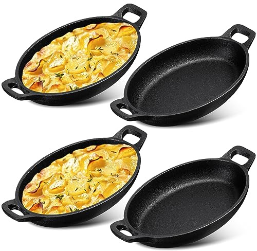 Mifoci 4 mini piatti da portata ovali in ghisa, in ghisa, piatti frizzanti neri opachi, per casa, ristorante, cucina, servizio alimentare, barbecue (21 x 12 cm)