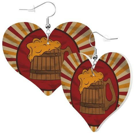 Leder Modische Herzform Ohrringe Vintage Holz Becher Bier Frauen Anhänger Ohrringe Mädchen Herz Ohrringe Schmuck Geschenke Für Geburtstage Hochzeit Party, Einheitsgröße, Leder