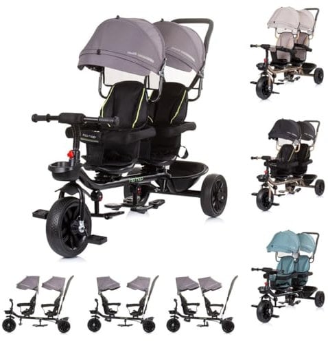 Chipolino Zwillingsdreirad Hip Hop, Zwei Kinder, bis 40 kg, Sitze 360° drehbar, Farbe:grau