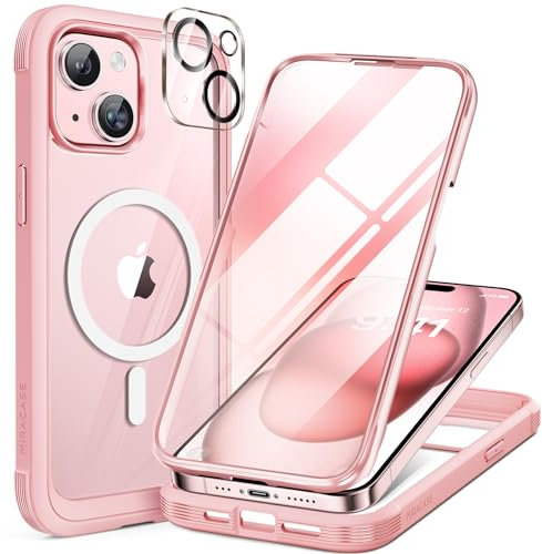 Miracase 360 Grad für iPhone 15 Hülle Magnetisch mit Eingebaut Glas Schutzfolie und Kameraschutz, Stoßfest Komplettschutz Handyhülle für iPhone 15 Schutzhüllen 6,1 Zoll, Rosa