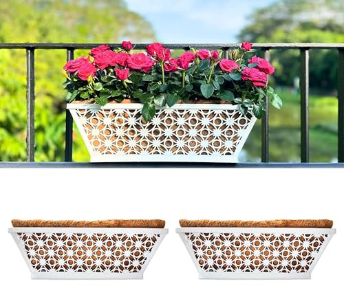 LaLaGreen Lot de 2 jardinières murales rectangulaires en métal blanc avec doublure en fibre de coco, pour cheval, terrasse, balustrade, ferme, balcon, porche, terrasse, clôture, décoration d'intérieur