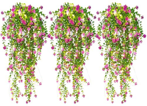 RECUTMS Artificial Hanging Plants Fake Hanging Plant Faux Eucalyptus Leaf Greenery Vine Outdoor UV Resistant Plastic Plants Home Garden Wedding Party Indoor Outdoor Decorations (Fuchsia)