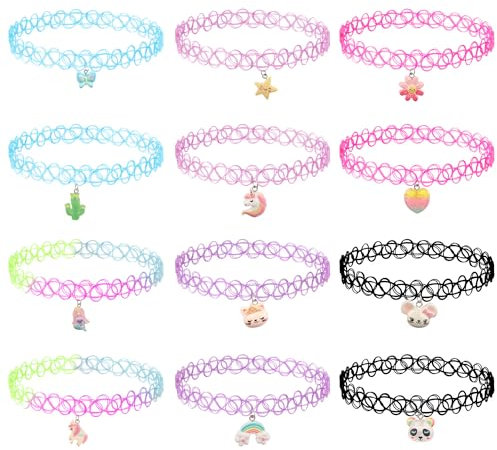 XIHIRCD 12stk Tattoo Halsband, Old-School Elastisch Schlüsselbein-Halskette mit Niedlichen Anhängern Dehnbare 90er 95er Accessoires Schmuckgeschenk für Frauen Mädchen Teenager (Bunt)
