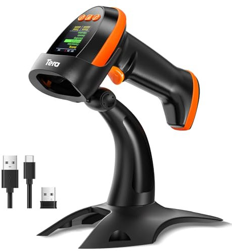 Tera Barcode Scanner Wireless 2D mit Ständer: Pro Version mit digitalem Einstellungsbildschirm und Tastatur Funktioniert mit Bluetooth 2.4G Wireless USB Kabel Extra Fast Handheld HW0009-Z Blau