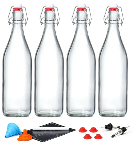 4 Pack [1 Liter / 33 fl. oz.] Swing Top Glass Bottles w/ Airtight Stopper Lids – Flip Top Brewing Bottle for Fermentation, Kombucha, Mead, Vinegar, Beer, Kefir, Wine – With 4 Extra Seals & 2 Pourers