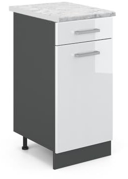 Vicco Küchenunterschrank R-Line, Schubladenschrank für die Küche, Weiß Hochglanz/Anthrazit, AP Marmor