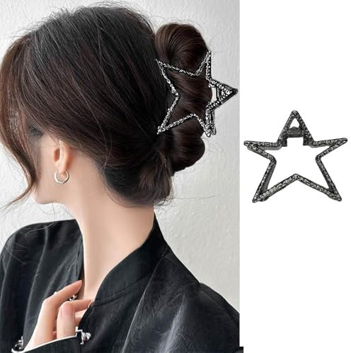 Metall Haarklammern für Damen - Stern Herz Design, Großer Silberner Clip, Krallen, Rutschfestes Design für Dickes und Dünnes Haar (Schwarz)