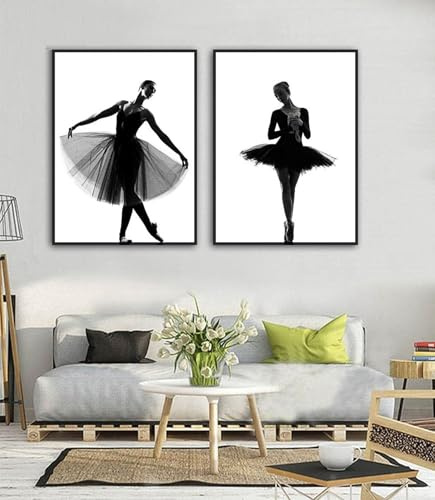 AWKFHF Schwarz Weiß Ballett Tänzerin Mädchen Malerei Bilder,Leinwandbild Poster Kein Rahmen Kunstdruck Wohnzimmer Deko Schlafzimmer Bilder Wanddekoration (2X30X40CM,ohne Rahmen)