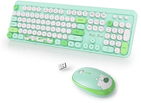 SbocKeeb Green Keyboard and Mouse Wireless, American QWERTY Cute Typewriter Wireless 2.4GHz Colorful Full Size Keyboard with Number Pad, for Windows PC Laptop Bear Green