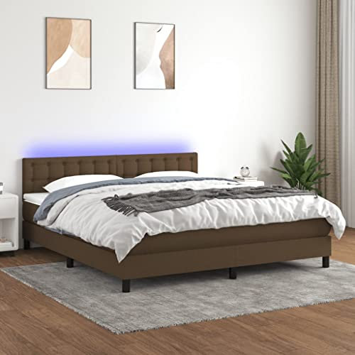 OHOOWOO Boxspringbett mit Matratze & LED Dunkelbraun 180x200 cm Stoff,XXL Boxspringbett in Dunkelbraun mit LED, höhenverstellbarem Kopfteil und hochwertiger Taschenfederkernmatratze