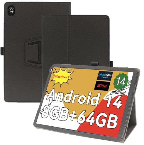 Haofun Funda Compatible con HotLight HOTC101/HiGrace C107 Tablet 10 Pulgadas, Cover PU Protector con Soporte Multiángulo, Ultra Delgada Anti-Caída Case con Correa para la Muñeca (Negro)