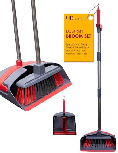 UR CHOICE Long Handled Dustpan and Brush Set - Space-Saving Broom and Dustpan Set Indoor/Outdoor Use