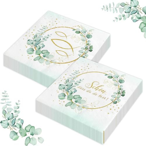 Servietten Kommunion für Jungen Mädchen, 80Stück Grün Weiß Servietten Schön Dass Du Da Bist Eukalyptus Grün mit Golden Fisch Tischdeko für Taufe Kommunion Konfirmation Hochzeit Geburtstag (Fisch 80P)