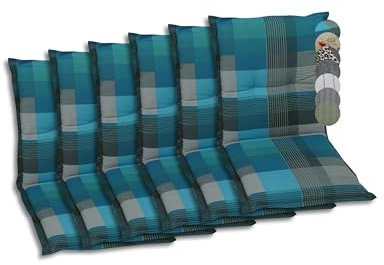 GO-DE Textil Bequeme und attraktive Polsterauflagen für Niederlehner-Gartenstühle (6er-Set, Karo Petrol/Grau, Niederlehner)