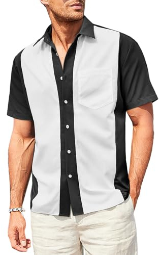 Elegancity Herren Klassische Kurzarm Hemd, Zweifarbig Gestreiftes Bowlinghemden Knopfverschluss Hawaiihemd Sommerhemd,Schwarz Weiß M