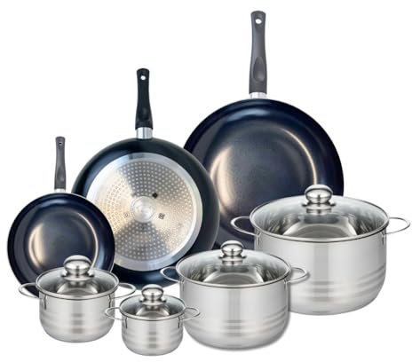 ELO 9749250 Batterie de cuisine 7 pièces, Ensemble de 3 Poêles de cuisson 20, 28 et 32 cm et 4 faitouts 12, 14, 20 et 24 cm Elo Prima Brillant, inox, induction