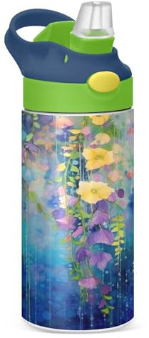 Flowers and Leaves Bouteille d'eau pour enfants de 355 ml avec paille, gobelet isotherme sans BPA en acier inoxydable anti-fuite avec poignée pour garçons et filles