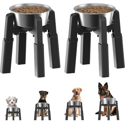JUNSPOW 2pack Raised Dog Bowl Stand with Stainless Steel Bowls | 4 Heights Adjustable, Stable & Non-Slip Elevated Raised Dog Feeding Station, Dog Water Bowl for Large Dogs