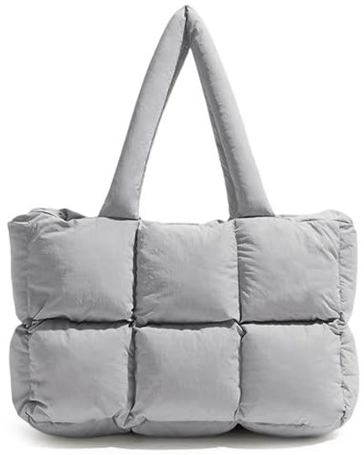 Mabecol Damen Puffer-Tragetasche, Gepolsterte Handtaschen, Shopper Tasche 35L, Laptopfach 15,6, Puffer Quilted Tote Bag, Handtasche, Schultertasche & Umhängetasche, Alltag Grau