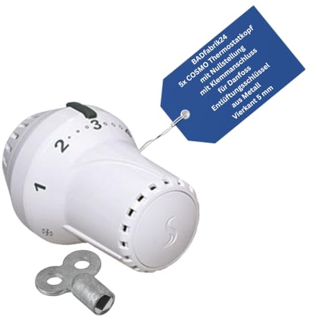BADfabrik24 Thermostatkopf mit Nullstellung & Klemmanschluss für Danfoss – 5er Set + Entlüftungsschlüssel 5 mm Vierkant Metall – präzise Heizkörper-Regelung, einfache Montage