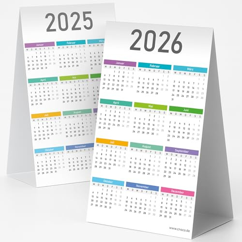 Tischaufstellkalender 2025/2026 – 2 Stück Tischkalender zum Aufstellen, 10x16 cm - beidseitig bedruckt (2025 & 2026), 12-Monats-Jahreskalender, stabiler Karton Schreibtischkalender, Stehkalender
