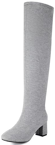 Bviennic Donna Stivali Sopra Il Ginocchio Block Tacco Medio Solid Punta Rotonda Senza Chiusura Stretch 2434 Grigio Numero 46 EU/48Cn