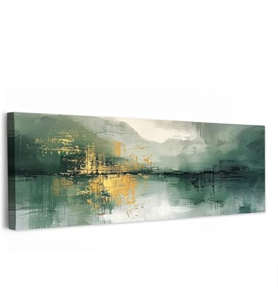 MuchoWow© Wandbilder Schlafzimmer Home Deko XXL Wandbild Wohnung Bild | 150x50 cm - Wohnzimmer Fotoleinwand Panorama Leinwand Wall Decor Groß Grün - Modern - Abstrakt - Gold